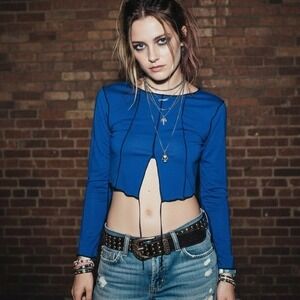 NWT Love J Y2K Grunge Crop‎ Top Womens S Blue Long Sleeve Stretch Indie Sleaze